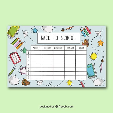 Free Vector | School timetable template with school objects Time Table Design School Chart, School Timetable Template, Doodles School, Timetable Design, School Objects, Science Chart, Class Timetable, Timetable Template, School Art Activities