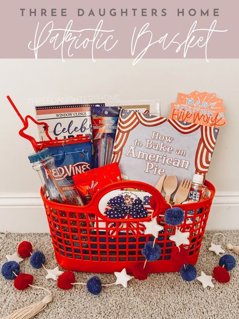 patriotic themed gift basket for 4th of july or memorial day Blue Gift Basket, Summer Gift Baskets, Modern Baskets, Raffle Basket, Holiday Baskets, Raffle Baskets, Hospital Gifts, Themed Gift Baskets, Gourmet Gift Baskets