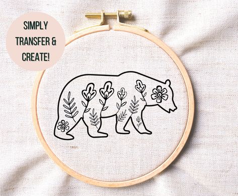 Bear Embroidery Simple, Yellowstone Embroidery, Animal Hand Embroidery, Bear Embroidery Pattern, Bear Embroidery Design, Embroidery Bear, Bear Printable, Diy Embroidery Projects, Embroidered Bear