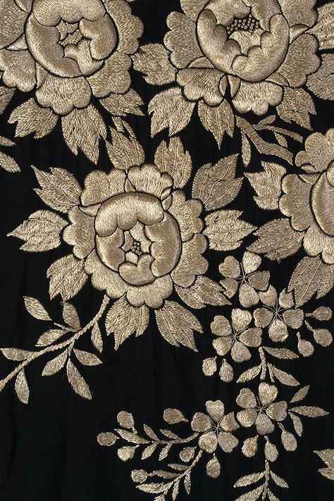 Detail of embroidery on black silk kimono, Japanese, ca. 1920-40, KSUM 1990.35.3 ab. Embroidery On Black, Embroidery Kimono, Kimono Japanese, Chinese Embroidery, Sashiko Embroidery, Pola Sulam, Learn Embroidery, Japanese Embroidery, Handwork Embroidery Design