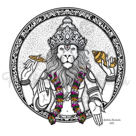 Narsimha Sketch, Narasimha Swamy Tattoo Design, Lord Narasimha Drawing, Narasimha Painting, Narasimha Drawing, Jagannath Sketch, Narsimha God, Ganpati Sketch, Lord Narsimha