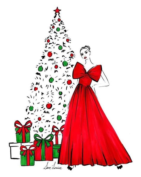 Fashion Christmas Illustration, Christmas Fashion Design, Christmas Dress Drawing, Christmas Girl Drawing, Christmas Fashion Illustration, Merry Christmas Drawing, Head Sketches, Calendar Doodles, Bright Colors Fashion