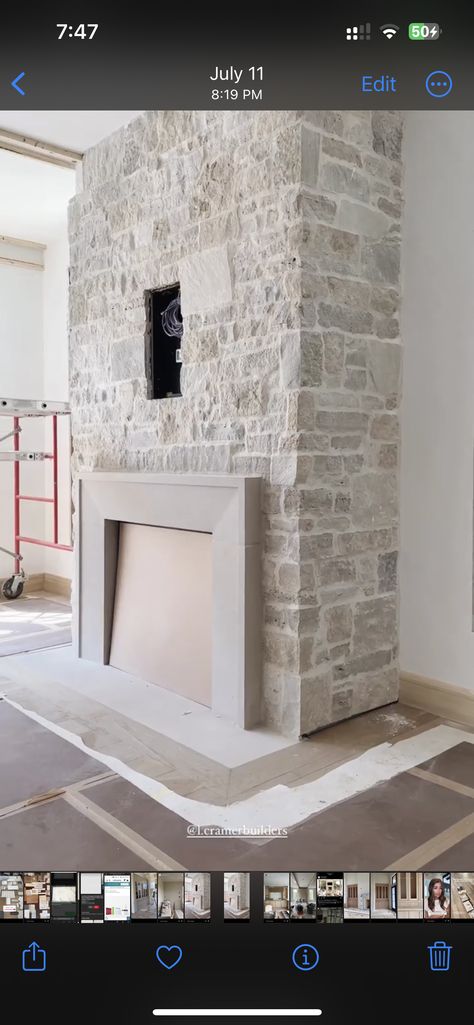 Fireplace With Natural Stone, Red Stone Fireplace Makeover, Overgrouted Stone Fireplace Farmhouse, Modern Rustic Fireplace Stone, Stone Fireplace With Gas Insert, Modern Stacked Stone Fireplace, Curved Stone Fireplace, Stone And Stucco Fireplace, Overgrout Fireplace Stone