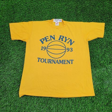 Vintage Pen Basketball Tournament Shirt M/L 20x25 Yellow Get this vintage Pen Basketball Tournament shirt in yellow, size M/L 20x25. Perfect for sports enthusiasts and collectors!  * Used condition  * Tag says L measures as M/L listed as L-Short Athletic  * Length is on the shorter side  * No rips/holes  * No stains  * Normal fading from washing  * Normal cracking on the graphic VINTAGE PEN BASKETBALL TOURNAMENT SHIRT, VINTAGE SPORTS SHIRT, YELLOW VINTAGE TEE, M/L VINTAGE SHIRT, RETRO BASKETBALL SHIRT, PEN TOURNAMENT GEAR, MEDIUM LARGE SHIRT, 20X25 SHIRT, YELLOW SPORTS TEE, VINTAGE ATHLETIC SHIRT 67165 Vintage Pens, Retro Basketball, Basketball Tournament, Sports Tee, Basketball Shirts, Sports Shirt, Sports Tees, Font Design, Athletic Shirts