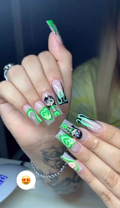 Powerpuff Girls Nails Acrylic, Buttercup Nails, Buttercup Powerpuff, 2023 Nails, Moon Pictures, Girls Nails, Best Acrylic Nails, Nails Acrylic, Powerpuff Girls