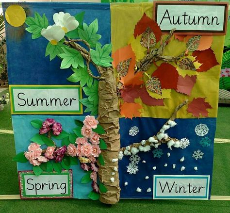 Seasons Display Board, Kindergarten Subtraction Activities, Four Seasons Art, Weather Activities For Kids, Kindergarten Decorations, Easy Art For Kids, Seasons Activities, Nursery Activities, Paper Craft Diy Projects