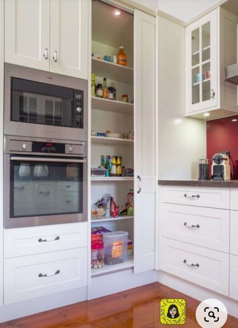 Small Pantry Sliding Door, Corner Pantry Sliding Door, Sliding Door Kitchen Cabinets, Small Corner Pantry, Corner Pantry Cabinet, Corner Pantry, Ikea Kitchen Cabinets, Kitchen Pantry Design, New Kitchen Cabinets