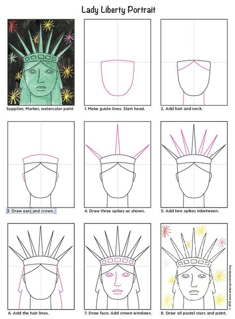 Statue of Liberty portrait, watercolor and oil pastels. PDF tutorial available. #howtodraw #directeddraw #staueofliberty Art 2nd Grade, Classe D'art, 2nd Grade Art, Patriotic Art, Directed Drawing, 4th Grade Art, 5th Grade Art, 3rd Grade Art, Art Projects For Kids