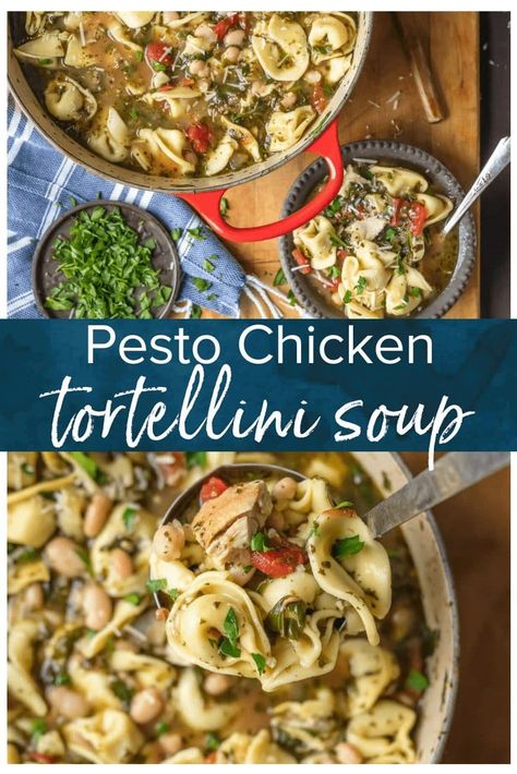 Tortellini Pesto Soup, Chicken Pesto Tortellini Crockpot, Chicken Pesto Tortellini Soup, Chicken Pesto Soup Recipes, Pesto Soup Recipes, Chicken Tortillini Soup, Pesto Tortellini Soup, Tortellini Soup Chicken, Chicken Pesto Soup