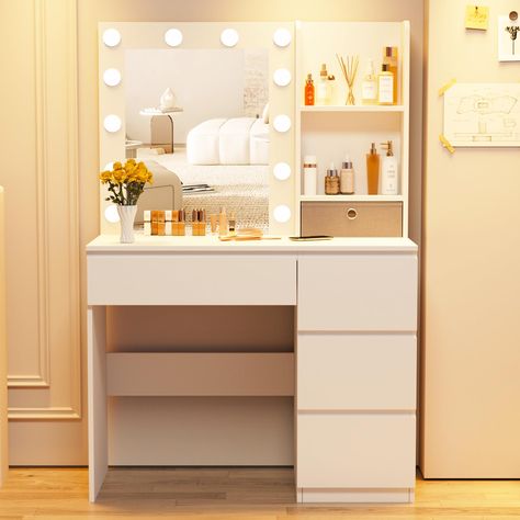 PRICES MAY VARY. [Perfect Size Vanity] Not too big or small, 37”(W)*15.8”(D)*55.1”(H), a perfect fit for small bedroom. Charming vanity with lots drawers, suitable for both teenagers and adults. Great gift for daughter, wife on birthday, Valentine's Day, Mother's Day. [Adequate Space/Storage] This vanity provide 4 drawers and 3 open shelves, easily to hold hair straightener, blow dryer, jewelry and all makeups, and also deep and big enough for lotions, make your bedroom more tidy and clean. [3 L Makeup Vanity With Lights, Vanity With Lights, Girls Vanity, Smart Bedroom, Makeup Vanity Lighting, Vanity Desk With Mirror, Desk With Mirror, Mirrored Vanity Desk, Small Vanity