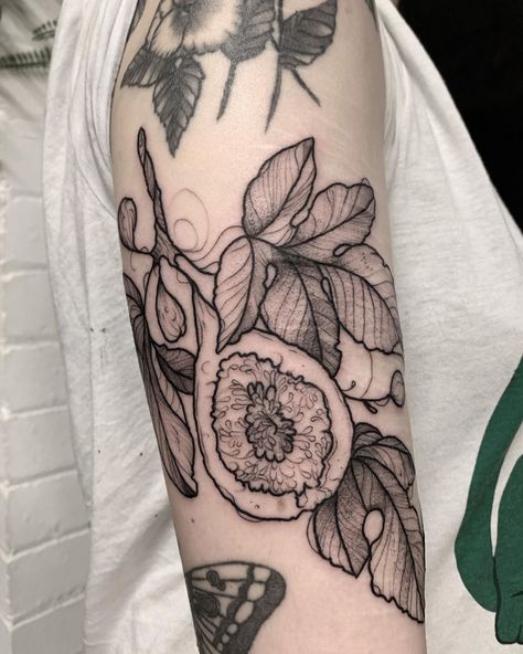 Fruit Tattoo Sleeve, Damask Tattoo, Fruit Tattoo, Beginner Tattoos, M Tattoos, Back Of Shoulder Tattoo, Sleeve Ideas, Flowers Tattoo, Tattoo Project