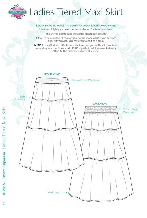 "This listing is for a PDF Pattern/Tutorial for a ladies maxi skirt.  It features 3 lightly gathered tiers on a shaped flat front waistband and a shirred elastic back waistband ensuring an easy fit. It is designed to sit comfortably on the lower waist but can be worn higher if you wish. Included are: - Instructions to add lace trim - Instructions for mock shirring - Standards sizes in both cms & inches - Australia Sizes 6-22 (hip/seat 85-125cm or 33 1/2 - 49 1/2 inches)  Also included are: - Tip Maxi Skirt Pattern Sewing, Layered Skirt Pattern, Boho Skirt Pattern, Sew Maxi Skirts, Maxi Skirt Sewing, Maxi Skirt Sewing Pattern, Tiered Skirt Pattern, Pattern Emporium, Long Skirt Pattern