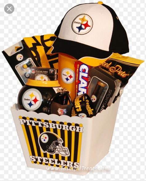 Steelers Gift Basket Football Gift Baskets, Dad Gifts Basket, Girlfriend Ideas, Steelers Gifts, Unique Sympathy Gifts, Theme Baskets, Gift Card Bouquet, Surprise Gifts For Him, Gifts Baskets