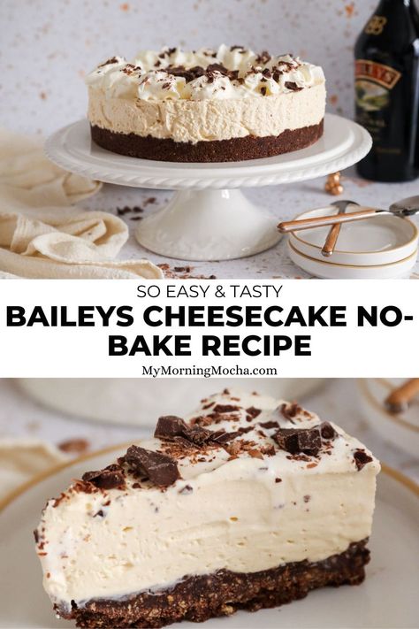 Here's+how+to+make+my+no-bake+Baileys+cheesecake+that's+creamy,+smooth+and+irresistible.+This+recipe+tastes+so+good+and+it's+easy+to+make.+via+@MyMorningMocha Baileys Cheesecake No Bake, No Bake Mocha Cheesecake, No Bake Baileys Cheesecake, Quick Cheesecake, Mocha Cheesecake, Baileys Cake, Cheesecake Brownies Recipe, Baileys Cheesecake, Cheesecake No Bake