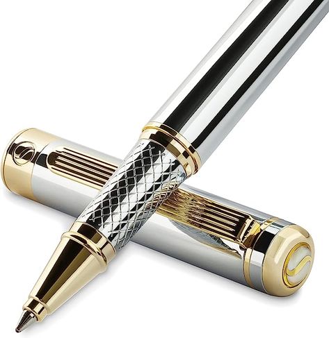 Scriveiner Silver Chrome Rollerball Pen - Stunning Luxury Pen with 24K Gold Finish, Schmidt Ink Refill, Best Roller Ball Pen Gift Set for Men & Women, Professional, Executive Office, Nice, Fancy Pens قلم حبر جاف, Gift Set For Men, Fancy Pens, Pen Set Gift, Luxury Pens, Gel Ink Pens, Beautiful Calligraphy, Silver Chrome, Roller Ball