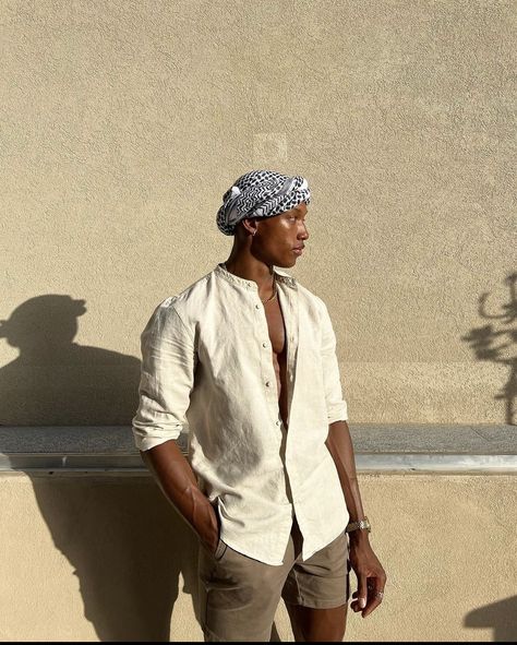 Men’s Desert Outfit, Desert Aesthetic Fashion Men, Turban Outfit Men, Arab Men Outfit, Shemagh Fashion Men, Middle East Outfit, Bohemian Outfits For Men, Vacation Outfits Black Men, Desert Outfit Men