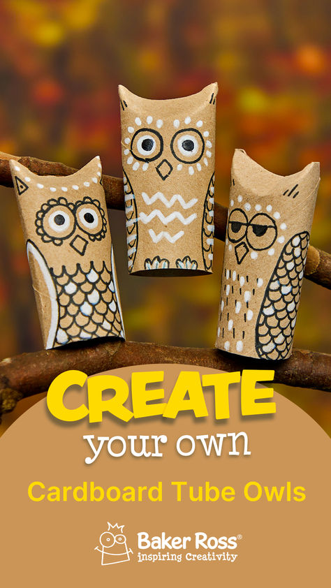 Cardboard Tube Owls. Creating a tube owl craft is a delightful way to reuse your old cardboard tubes. Using black and white pens, you can recycle your cardboard into beautifully detailed owls and let your creativity run wild 🦉.

#upcycling #cardboardtubecrafts #autumncrafts Cardboard Tube Halloween Craft, Cardboard Tube Crafts For Kids, Owl Preschool Crafts, Owl Babies Eyfs Activities, Owl Crafts Kids, Cardboard Owl, Marie Core, Owl Preschool, Cardboard Tube Crafts