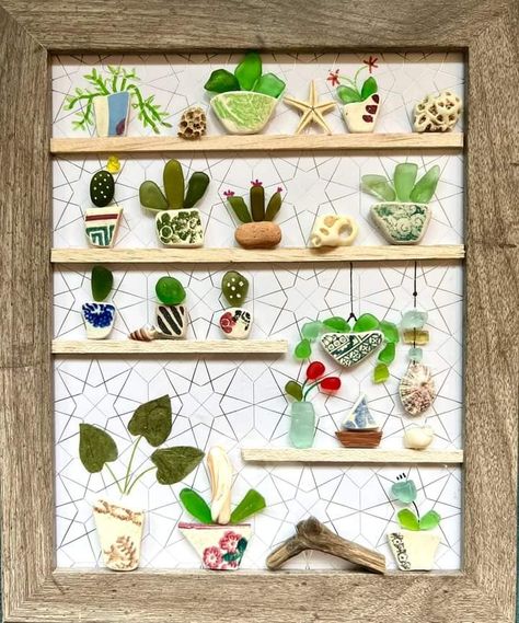 Beach Glass Projects, Shell Storage, Broken Glass Crafts, Sea Glass Projects, Sea Glass Art Diy, Beach Themed Crafts, Watercolor Frame, Sea Glass Art Projects, Glass Cactus