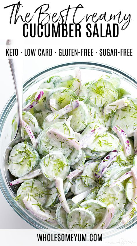 The Best Creamy Cucumber Salad Recipe with Dill (Low Carb, Gluten-free) - The best easy, creamy cucumber salad recipe ever! It takes just minutes to throw together, uses simple ingredients, and stores well, too. Recipe With Dill, Dill Recipes, Cucumber Salad Recipe, Cucumber Diet, Creamy Cucumber Salad, Sour Cream Recipes, Creamy Cucumbers, Low Carb Salad, Cucumber Recipes Salad