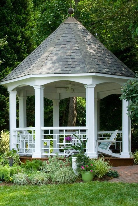 These backyard gazebo ideas are perfect for any kind of lifestyle. These gazebo designs will easily accommodate all your outdoor needs. #backyard #gazebo #gazeboideas #bhg Hexagon Gazebo, Round Gazebo, Enclosed Gazebo, White Gazebo, Diy Gazebo, Gazebo Roof, Gazebo Ideas, Brick Walkway, Cozy Backyard