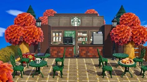 Acnh Family Mart, Acnh Starbucks Codes, Starbucks Acnh Code, Acnh Store Front Codes, Acnh Store Design Code, Animal Crossing Store Front Ideas, Acnh Coffee Shop, Acnh Fake Building, Acnh Shopping District