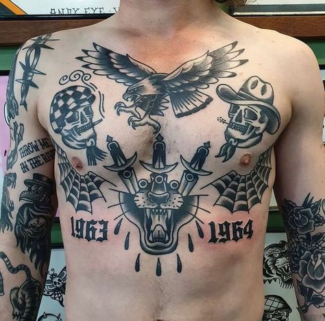 Men’s Tattoos Stomach, Old School Chest Tattoo Men, Traditional Chest Tattoo Men, Old School Tattoo Chest, American Traditional Chest Piece, Old School Back Tattoo, Traditional Tattoo Neck, American Traditional Chest Tattoo, Mens Chest Tattoo