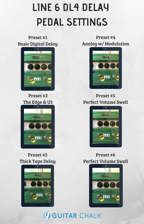 The Line 6 DL4 delay pedal settings cookbook and tone guide, https://www.guitarchalk.com/line-6-dl4-settings-cookbook-detailed-guitar-presets/ #guitar #guitarpedals #pedalboard #geartalk The Edge U2, Guitar Gadgets, Amp Settings, Audio Production, Guitar Rig, Delay Pedal, Distortion Pedal, Guitar Gear, Guitar Tips