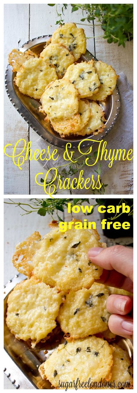 Crunchy and incredibly cheesy: These gluten free and low carb cheese thyme crackers are made with coconut flour. Perfect as a satiating snack or as a grain free side for a salad or soup. Coconut Flour Crackers, Keto Crackers Recipe, Low Carb Crackers, Coconut Flour Recipes, Low Carb Eating, Cracker Recipes, Free Snacks, Low Carb Snacks, Ketogenic Recipes