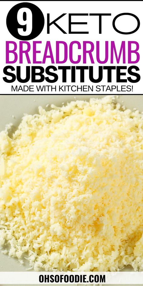 Text reads 9 Easy Keto Breadcrumb Substitutes Made With Kitchen Staples Breadcrumb Substitute, Keto Bread Crumbs, Keto Breadcrumbs, Keto Substitutes, Substitute For Bread Crumbs, Parmesan Crusted Steak, Baking Powder Substitute, Food Substitutes, Parmesan Crusted Salmon