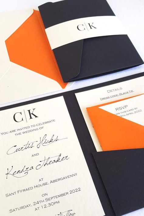 Invite your family and friends to your wedding with these modern black and orange wedding invitations. The bright orange accents add an unexpected pop of colour to the minimalist black design, making the invitation stand out no matter who it is addressed to. Whether you are planning an intimate gathering or a grand event, these invitations reflect your style and will set the tone for your special day. Orange And Black Wedding, Black And Orange Wedding, Bond Wedding, Orange Invitation, Orange Wedding Invitations, Corporate Events Decoration, Intimate Gathering, Pocket Fold Wedding Invitations, September Wedding