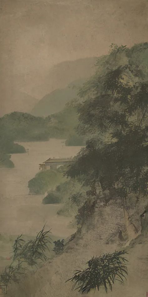 The image is a Japanese woodblock print by Hiroshige. It is a landscape print and depicts a scene of a river flowing through a valley. The river is in the foreground and is spanned by a bridge. The valley is in the background and is filled with trees and mountains. The print is done in a muted color palette and has a hazy, dreamlike quality. River Flowing, Valley Landscape, Japanese Woodblock Print, Muted Color Palette, Japanese Woodblock, Japanese Woodblock Printing, River Valley, A Bridge, Japanese Prints