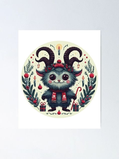 "Baby Krampus Vintage Christmas" Poster for Sale by heartsake | Redbubble Cute Krampus Art, Krampus Painting, Kawaii Krampus, Cryptid Crafts, Christmas Art Illustration, Cute Krampus, Vintage Christmas Poster, Winter Pottery, Krampus Art