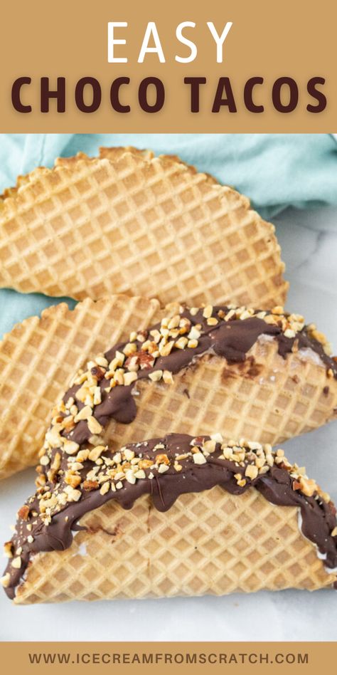 Ice Cream Candy Cake, Ice Cream Taco Recipes, Choco Tacos Homemade, Ice Cream Tacos How To Make, Ice Cream Nachos Dessert, Creative Ice Cream Ideas, Taco Tuesday Dessert Ideas, Mexican Ice Cream Dessert, Ice Cream Nachos Recipe