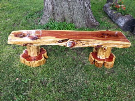 Beautiful cedar bench, this was one of my favorites. Cedar Wood Projects, Cedar Bench, Log Bench, Eastern Red Cedar, Cedar Furniture, Rustic Log Furniture, Cedar Log, Live Edge Furniture, Home Remodeling Diy