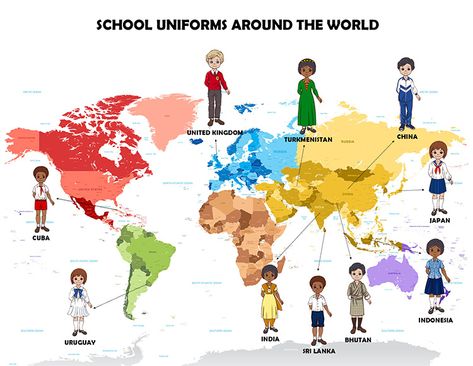 School Uniforms Around the World: Printable Dress-Up Paper Dolls Around The World Physical Activities, Around The World Theme Games, Children Around The World Preschool, School Uniforms Around The World, Paper Dolls From Around The World, Reference Clothes, World Printable, Emotional Activities, Printable Paper Dolls