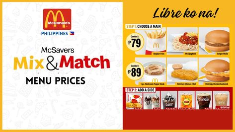 McDo Mix and Match menu with prices Mcdo Menu Philippines, Mcdo Meals, Mcdo Menu, Satisfying Meals, Philippines Food, Budget Friendly Recipes, Menu Items, Satisfying Food, Food Menu