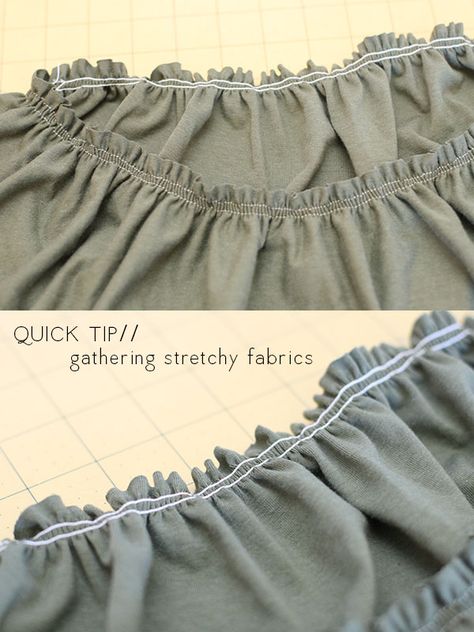 Gathering stretch fabrics using elastic thread Gathering Fabric, Sewing Elastic, Sewing 101, Elastic Thread, Sewing Lessons, How To Make Clothes, Sewing Tips, Learn To Sew, Sewing Techniques