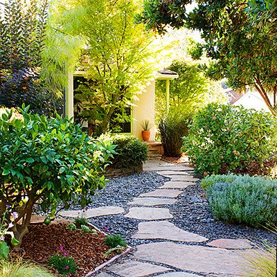 Landscape by Marilyn Waterman in CA. :: Landscaping without Grass - Sunset Backyard Grass Alternative, Backyard Grass Landscaping, Lawn Free Yard, Gravel Backyard, Grass Alternative, Low Water Landscaping, Xeriscape Landscaping, Desert Gardening, Lawn Alternatives