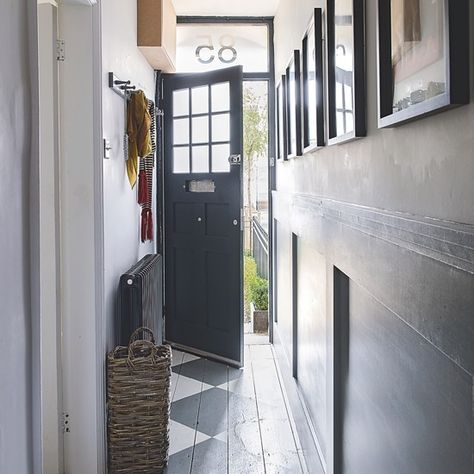 Panelled Corridor, Panelled Hallway, Paint Hallway, Dark Grey Front Door, Terrace Hallway, Long Hallway Ideas, Scandi Hallway, Narrow Room, Painted Floorboards