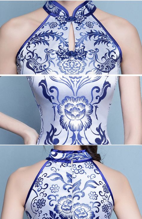 Halter Cheongsam, Qipao Outfit, Chinese Dresses Pattern, Cheongsam Pattern, Cheongsam Shirt, Qipao Pattern, Cheongsam Modern, Chinese Style Dress, Blue And White Pattern