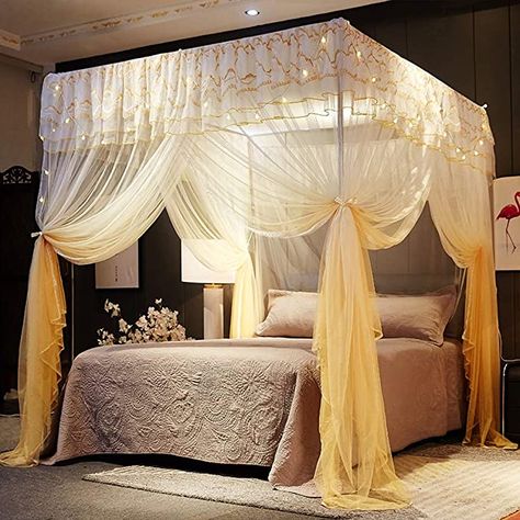 Amazon.com: Mengersi 4 Corner Poster Princess Bed Curtain Canopy Canopies for Girls Boys Adults Bed Gift Bedroom Decoration Accessories (Queen, Gold): Kitchen & Dining Bed No Frame, Curtain Canopy, Princess Bedroom Decor, Princess Canopy Bed, Princess Canopy, Canopy Bed Curtains, Bed In Corner, Canopy Curtains, Princess Bedroom