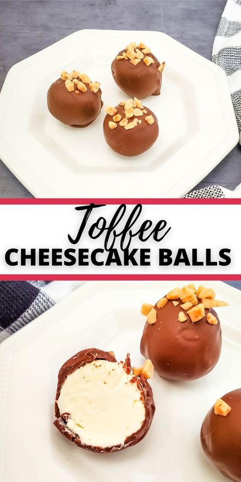 These Toffee Cheesecake Balls are so easy to make and require little effort. Your family will go nuts from these no bake Cheesecake bites. Mini Toffee Cheesecake, No Bake Cheesecake Truffles, Mini Cheesecake Balls, Cheesecake Balls Recipes, Cheesecake Balls No Bake, Christmas Cheesecake Bites, Cheesecake Bites Recipes, Cheesecake Bites No Bake, Chocolate Covered Cheesecake Bites