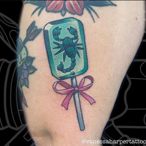 Scorpion tattoo Sucker Tattoo, Scorpion Lollipop, Lollipop Tattoo, Scorpion Tattoo, Tattoos And Piercings, Body Art Tattoos, Scorpion, Lollipop, Art Tattoo