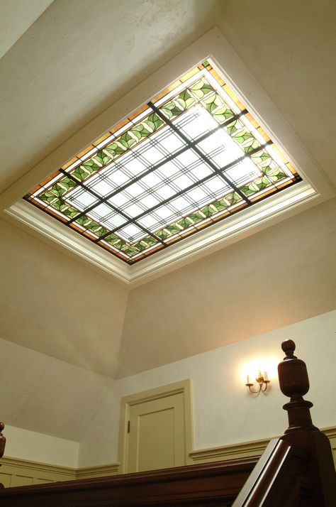 Stained Glass Skylight, Piedmont California, Glass Skylight, Glass Signage, Skylight Design, Foyer Flooring, Skylight Kitchen, Mountain Interiors, Craftsman Door