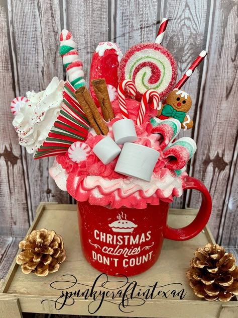 Christmas Fake Bakes, Fake Bake Christmas, Mug Toppers Diy, Fake Gingerbread House, Faux Mug Toppers, Fake Baking, Candyland Decor, Christmas Decor Gingerbread, Christmas Ball Ornaments Diy