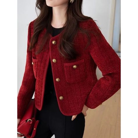 105+ Wine Red Jacket, Red Tweed Jacket, Blazer E Short, Burgundy Coat, Red Jackets, Jackets Vintage, Womens Tweed Jacket, Korean Shorts, Outer Women