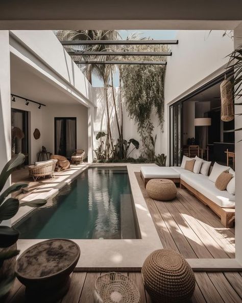 Balinese Interior Bedroom, Modern Balinese House, Balinese House Design, Modern Balinese Interior, Tropical Villa Design, Bohemian Villa, Interior Design Tropical, Coastal Backyard, Pool Design Plans