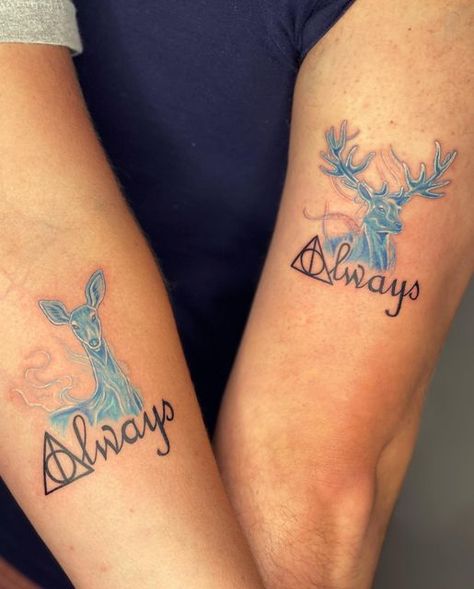 Stag Deer Tattoo, Matching Harry Potter Tattoos Sisters, Harry Potter Deer Tattoo, Hp Always Tattoo, Harry Potter Tattoos Couple, Harry Potter Couples Tattoos, Best Friend Tattoos Harry Potter, Couple Tattoos Harry Potter, Harry Potter Matching Tattoos