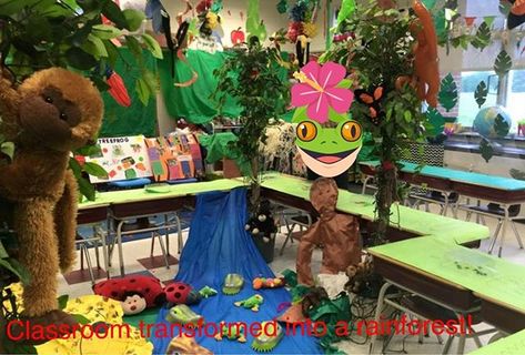 A few years ago and for a couple of years we would transform our classroom into a rainforest! Sure, it was a lot of work but the kids never… Weird Animals Vbs, Kids Church Decor, Jungle Decorations, Vbs Themes, Island Theme, Luau Birthday, Vbs Crafts, Hawaiian Theme, Kindergarten Teacher