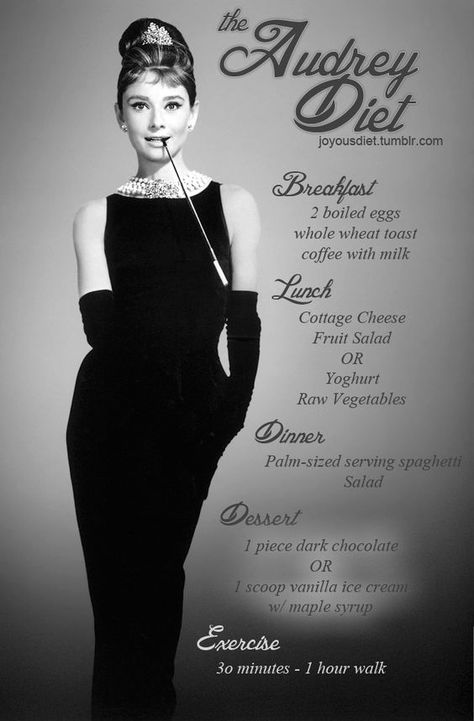 I’m a huge fan of Audrey Hepburn! I love her timeless style and gracious class. Here’s what she would typically eat in a day. Audrey was all about portion-control and health. **NB for the record the above opinion is that of the original pinner, I just love the dress !!!: Audrey Hepburn Diet, Ballerina Diet, Fit Foods, Resep Diet, Audrey Hepburn Style, Fabulous Style, Eat In A Day, Hepburn Style, Workout Motivation